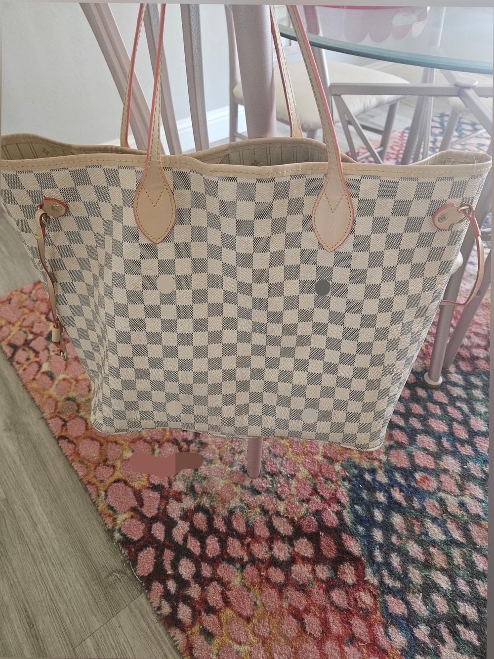Designer-Inspired Ivory + Blue Checkered Tote Bag